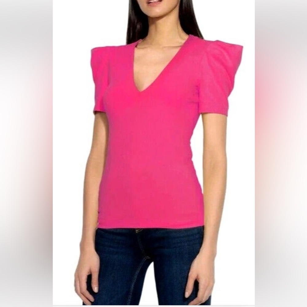 Susana Monaco Pleated Shirt Sleeve Deep V Top Blouse Sugar Pink size Large